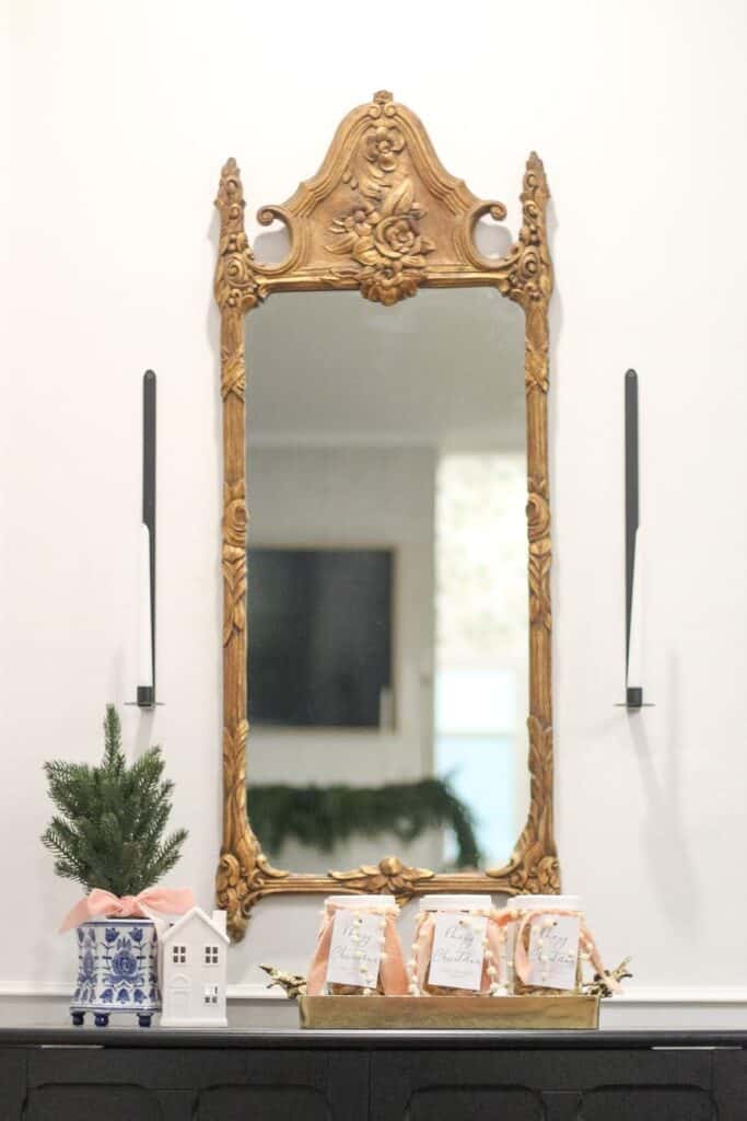 Large antique gold mirror in dining room