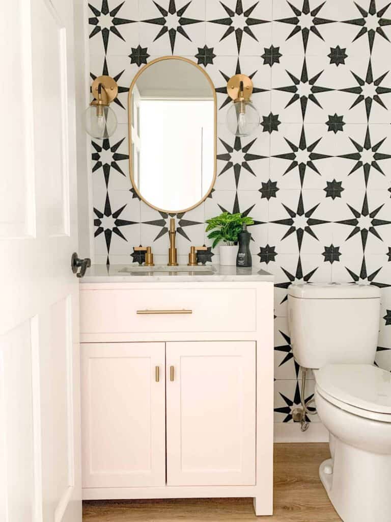 Pink bathroom vanity.