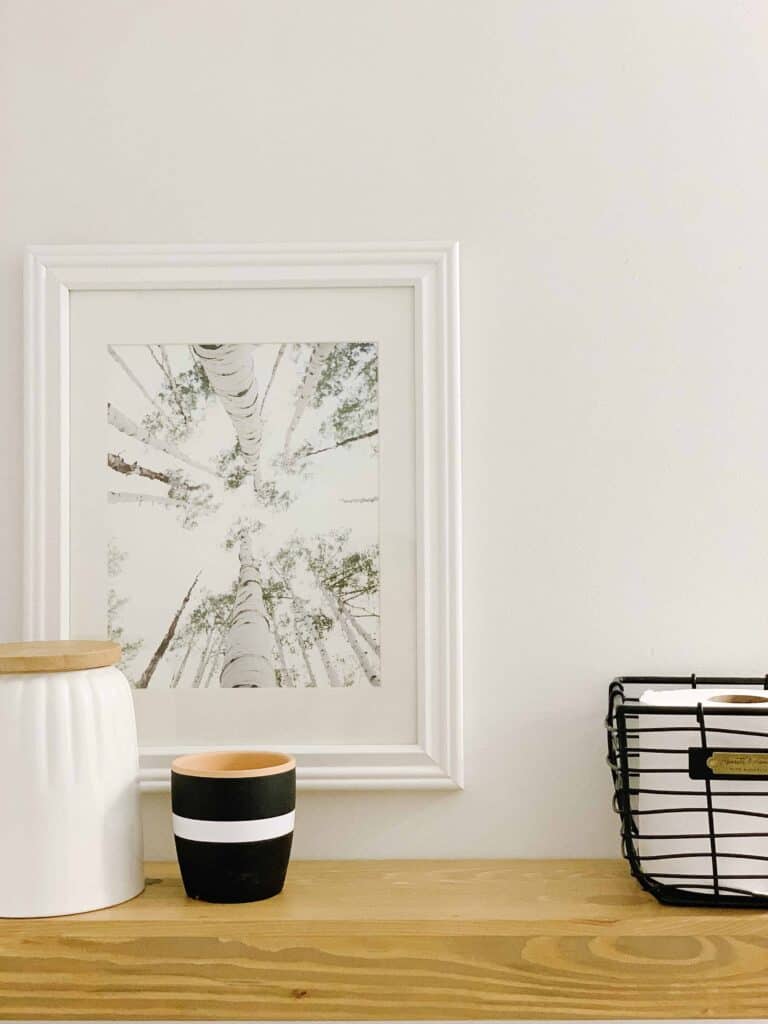 Floating shelves with decorative objects.