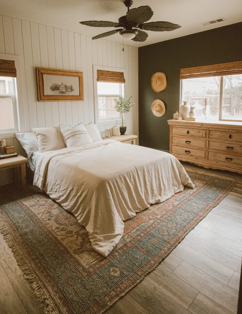 Cozy bedroom with natural wooden dresser, white bedding, and an accent dark green wall.