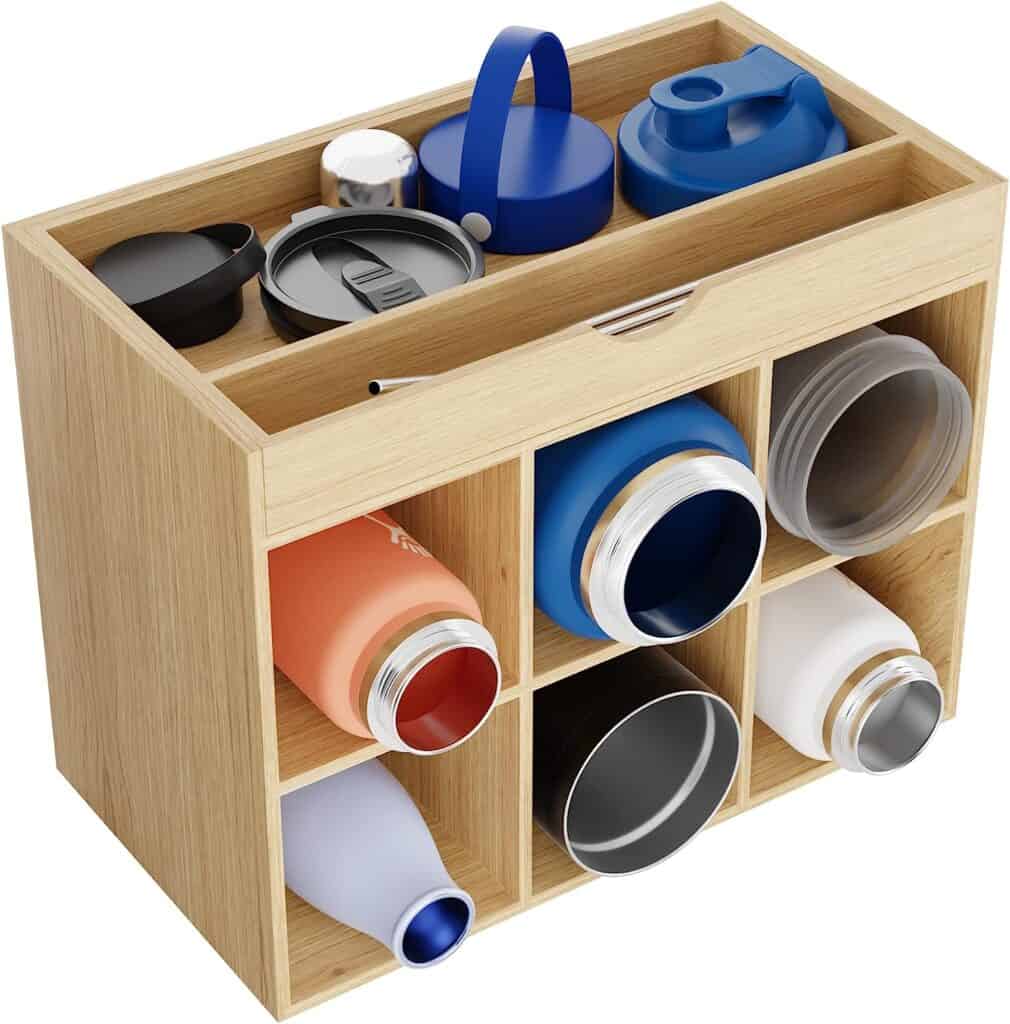 Bamboo organizer can store both water bottles and accessories.