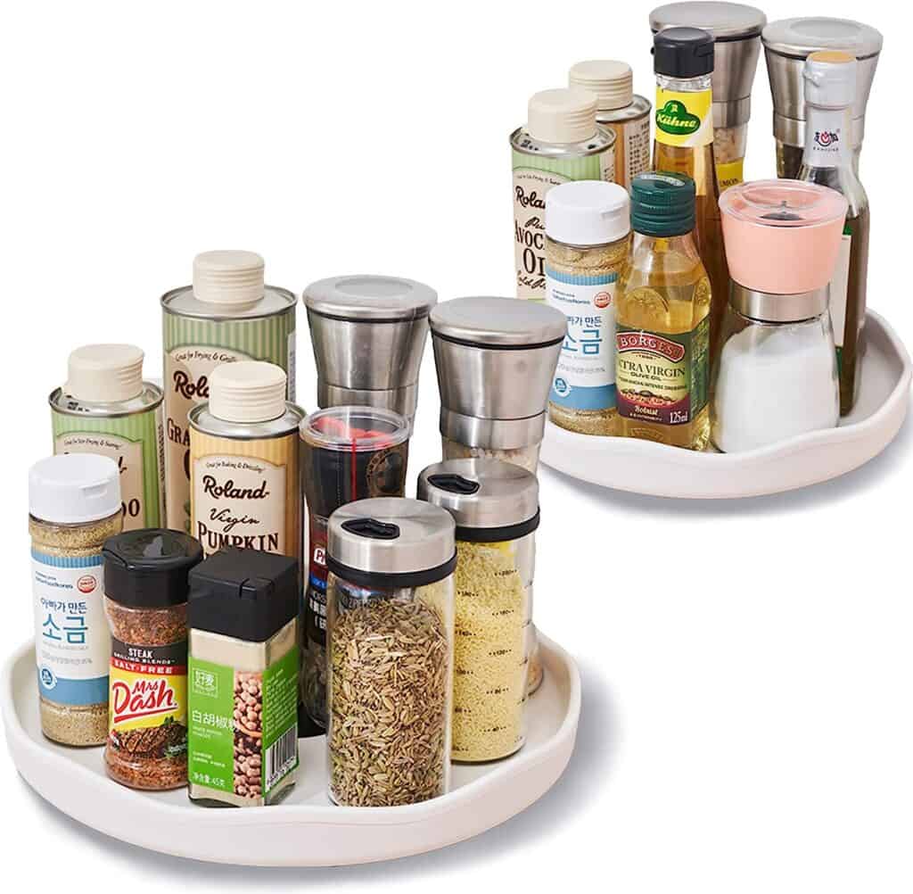 Lazy Susan for water bottle storage.