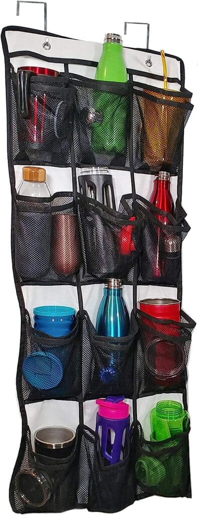 Over the door closet organizer can help store watter bottles.