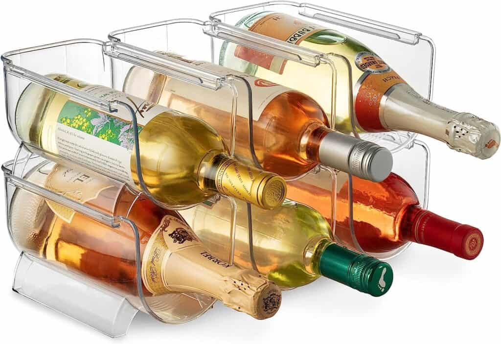 Clear acrylic wine storage for water bottle storage.