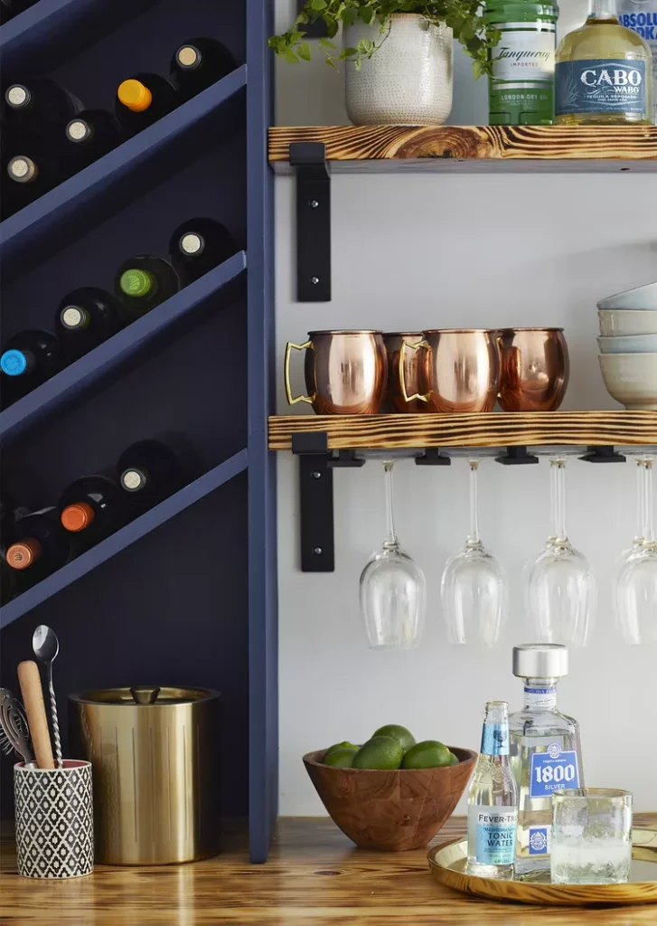 Floating Shelves w/ Wine Glass Rack, LED Lighting & Brackets