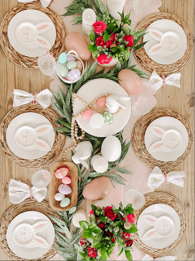 Easter table scape with bunny plates.