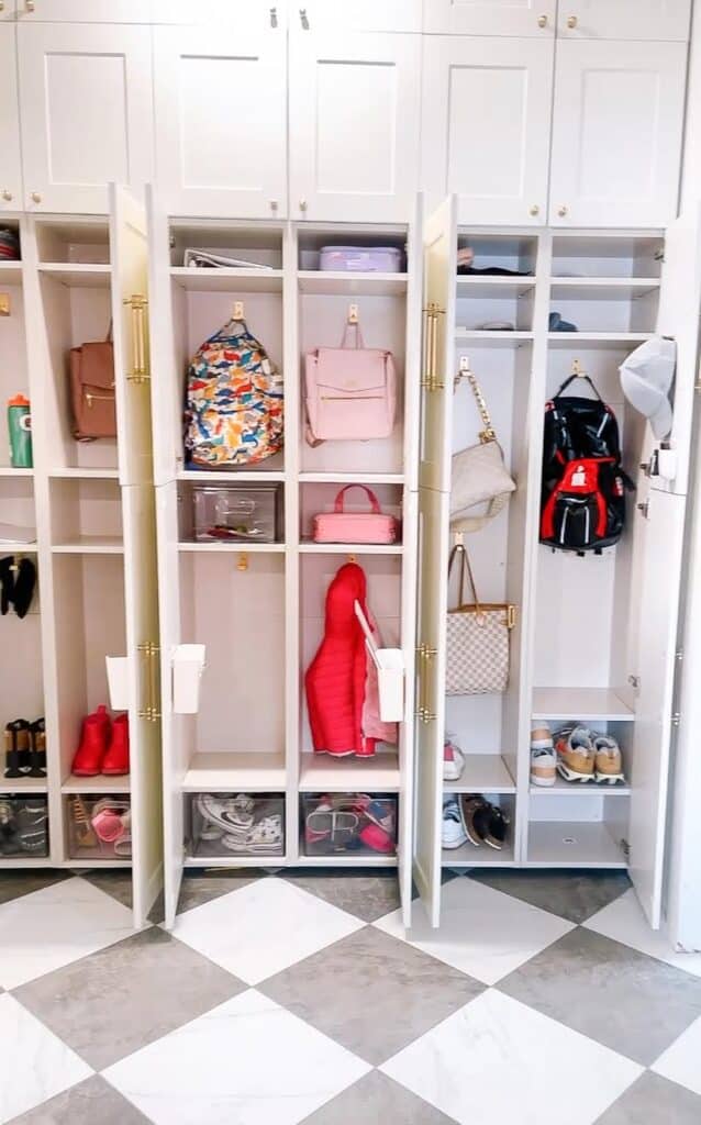 Mudroom lockers open filled with backpacks, shoes, hats, and handbags.