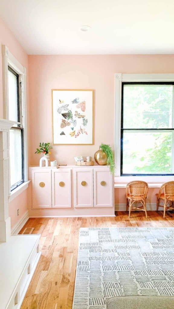 Pink playroom with butterfly poster.