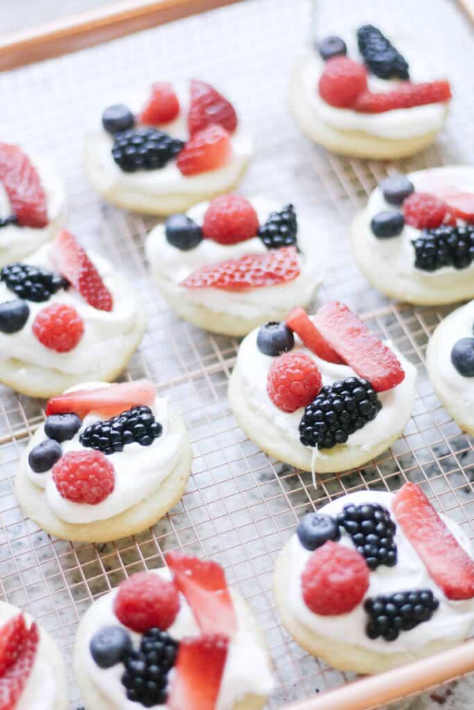 red, white, and blue fruit pizza cookies