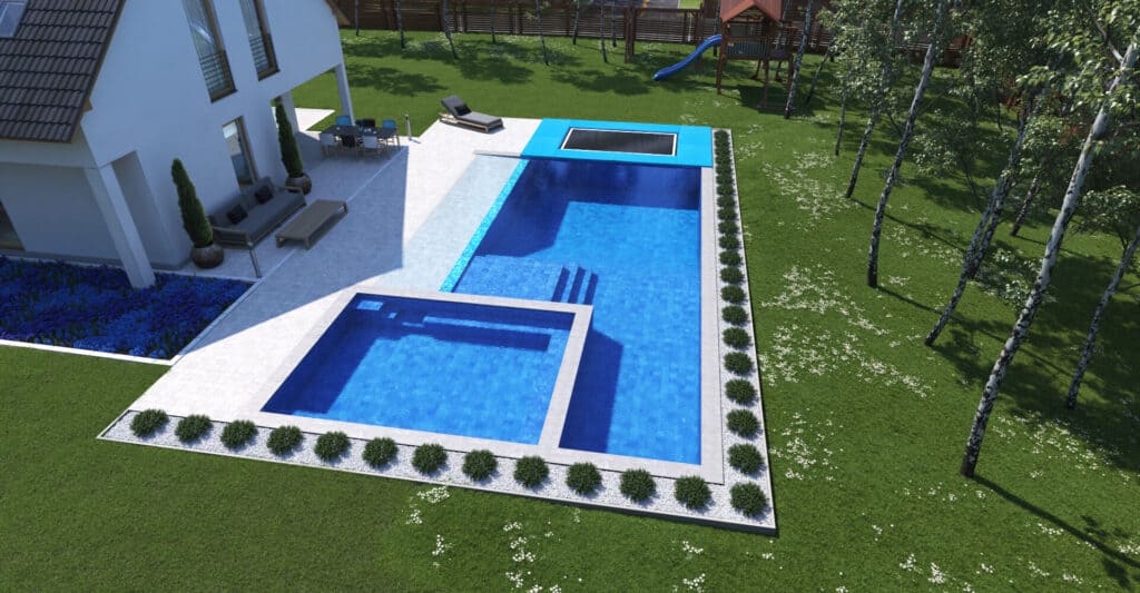 Backyard trampoline ideas include a pool, playhouse, and inground rectangular trampoline to jump into the pool.