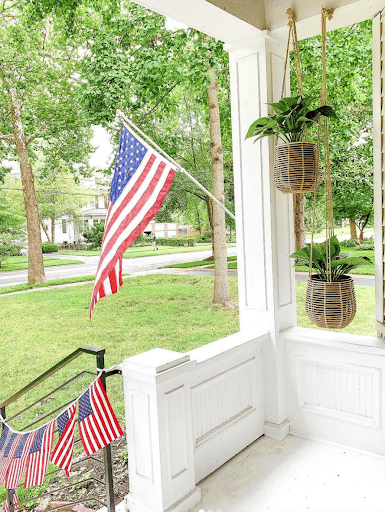 Patriotic porch with American flags