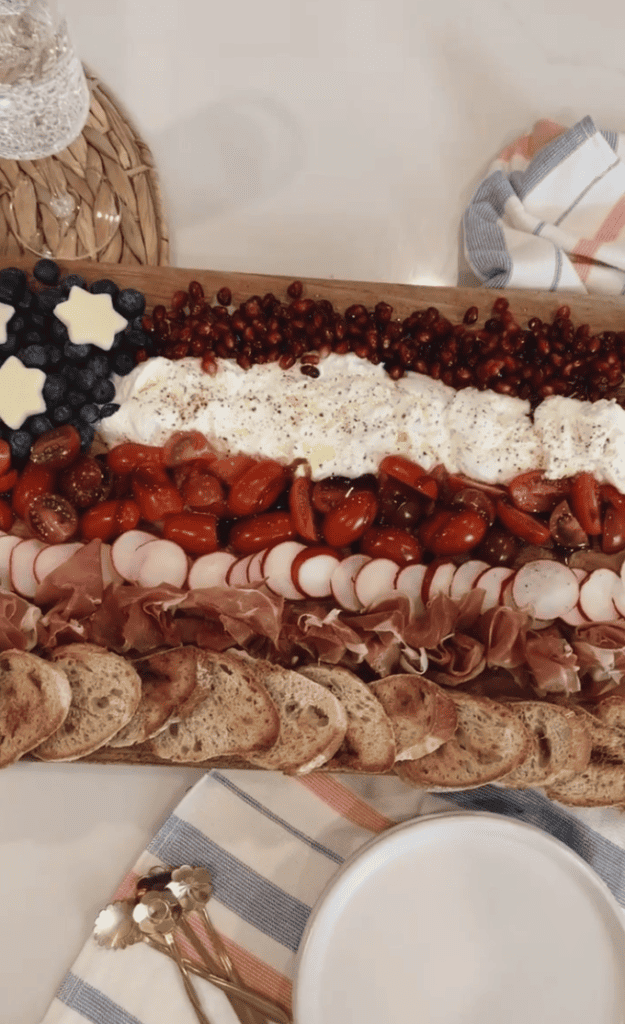 4th of July Burrata board with red, white and blue inspired.
