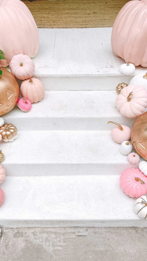 DIY Halloween Decorations pink, gold, and white pumpkins.
