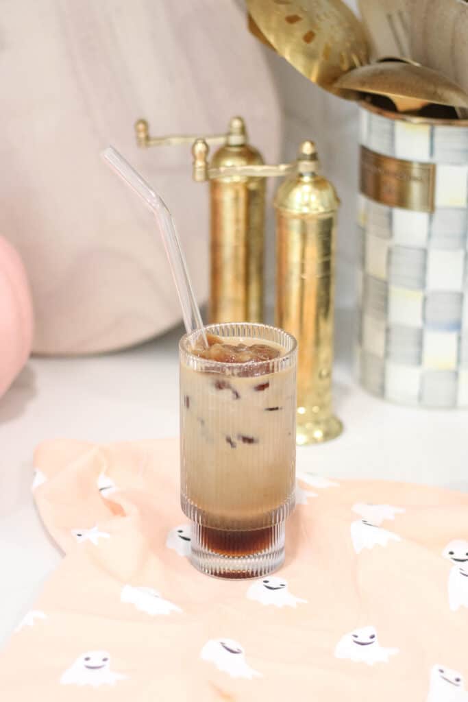 Halloween Coffee Recipes include an iced coffee with skull coffee ice cubes.
