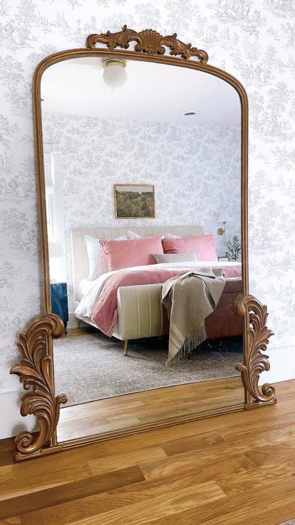 How much does it cost to furnish a bedroom with antique gold mirror and area rug?