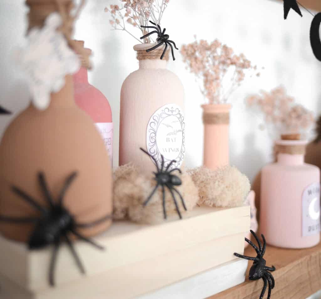 DIY Halloween Decorations potion bottles and spiders.