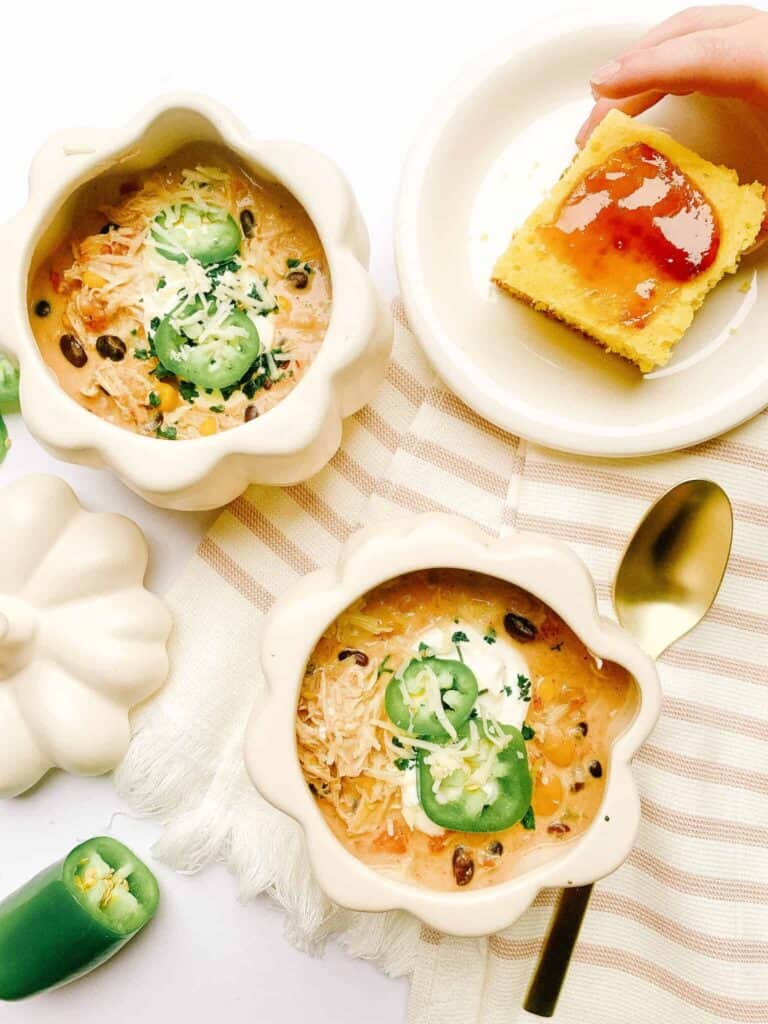 white chicken chili in pumpkin ceramic bowls