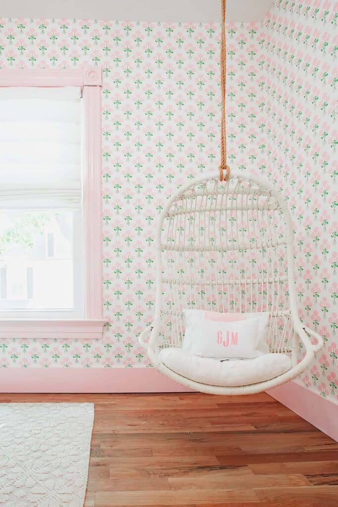 Serena and Lily Hanging Rattan Chair in Grand millennial girls room