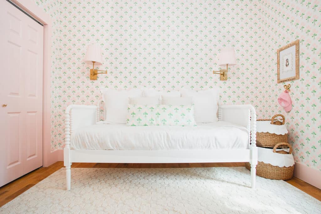 Toddler girl room - pink and green wallpaper with white daybed