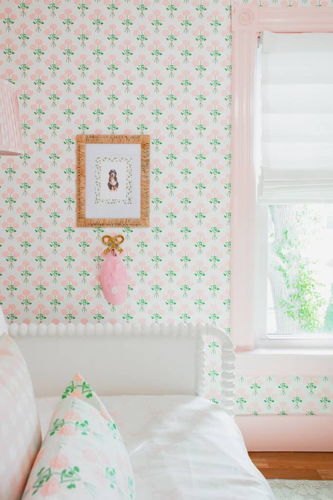 green and pink toddler girl grand millennial bedroom