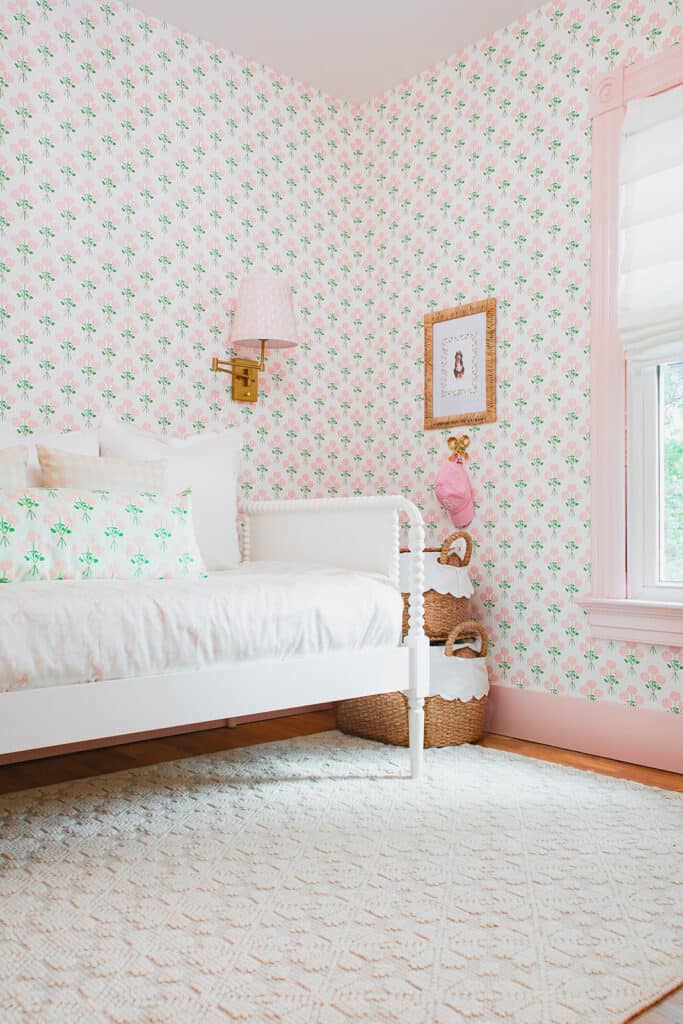 Toddler girl room pink and green wallpaper