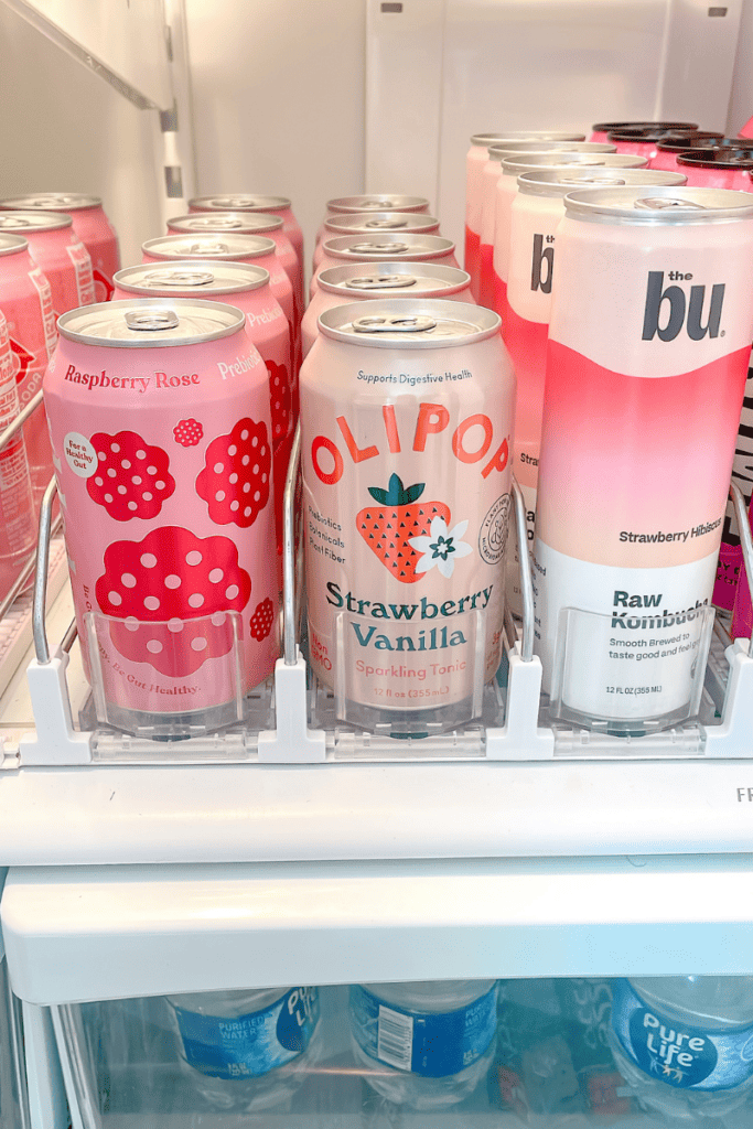 fridge organized with pink items