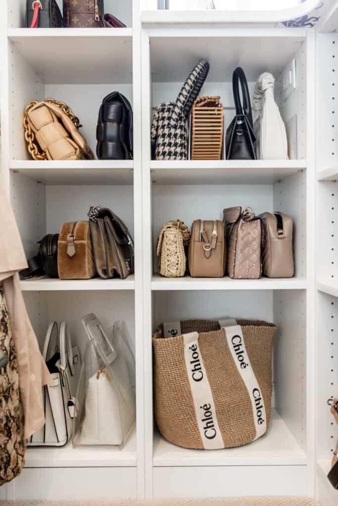 Handbag collection on shelf