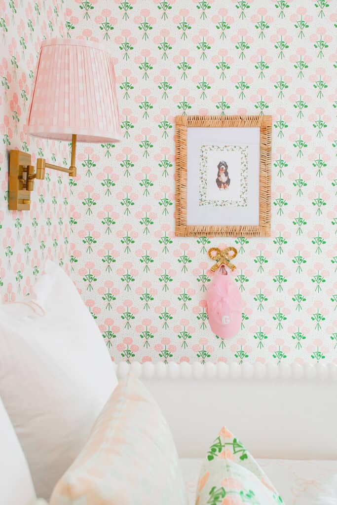 Grand millennial toddler girl room with dog frame