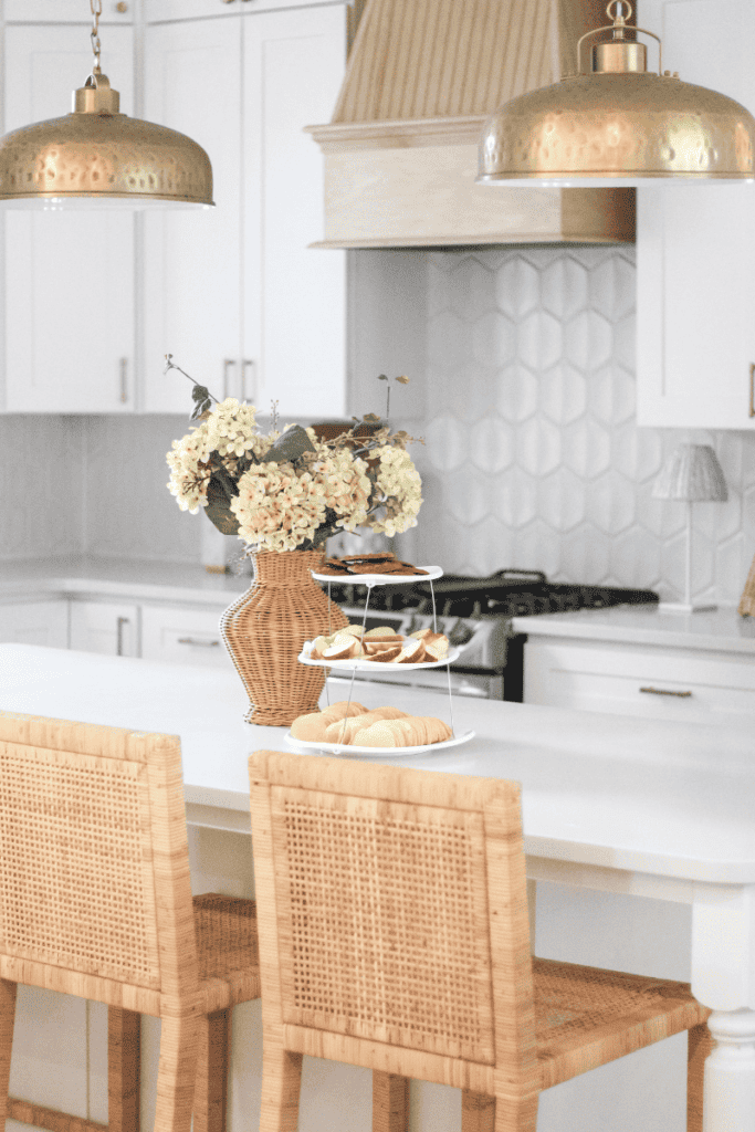 White kitchen and wicker accents