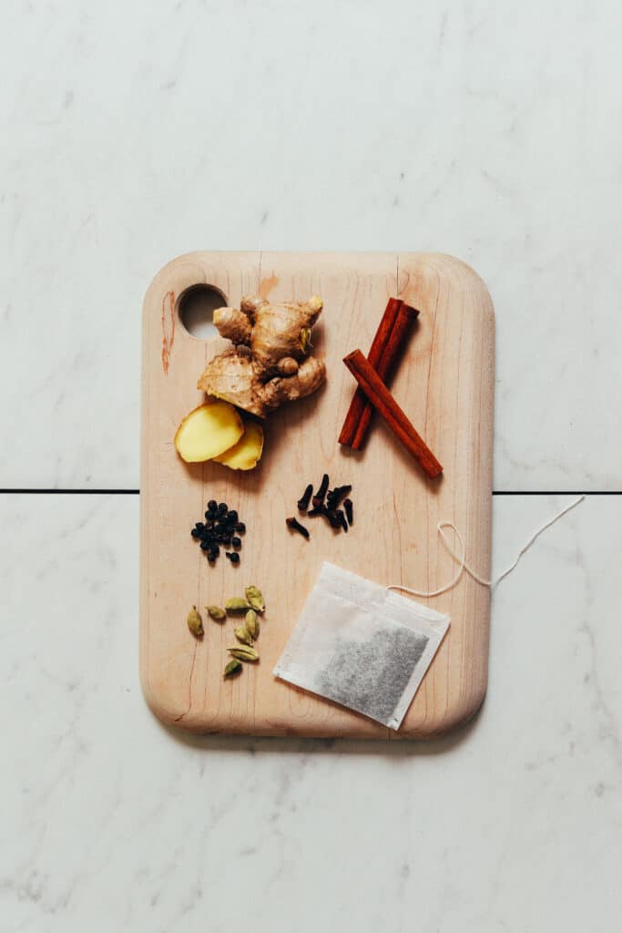 Cutting board with tea ingredients
