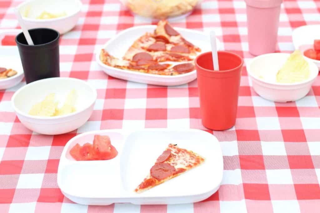 Pizza on red and white handkerchief 